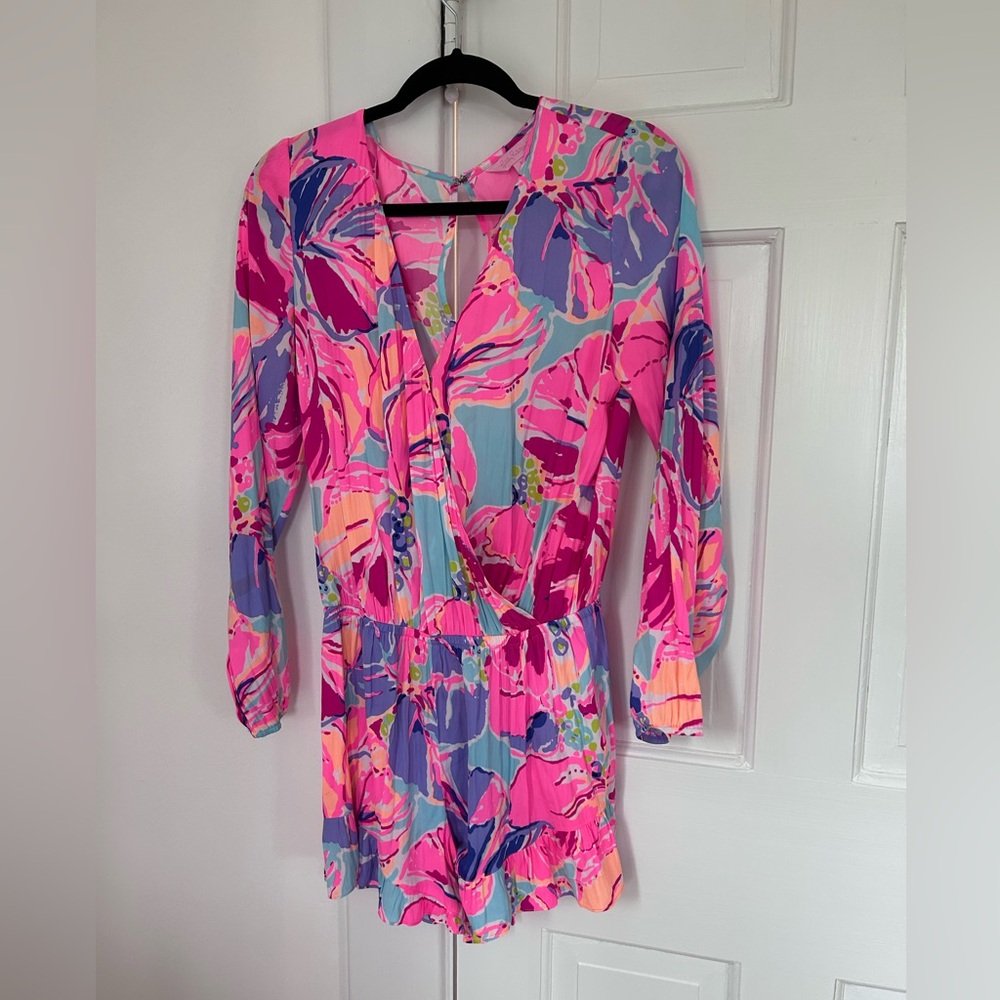 Lilly Pulitzer Pink Silk Romper Long Sleeve wrap top short romper